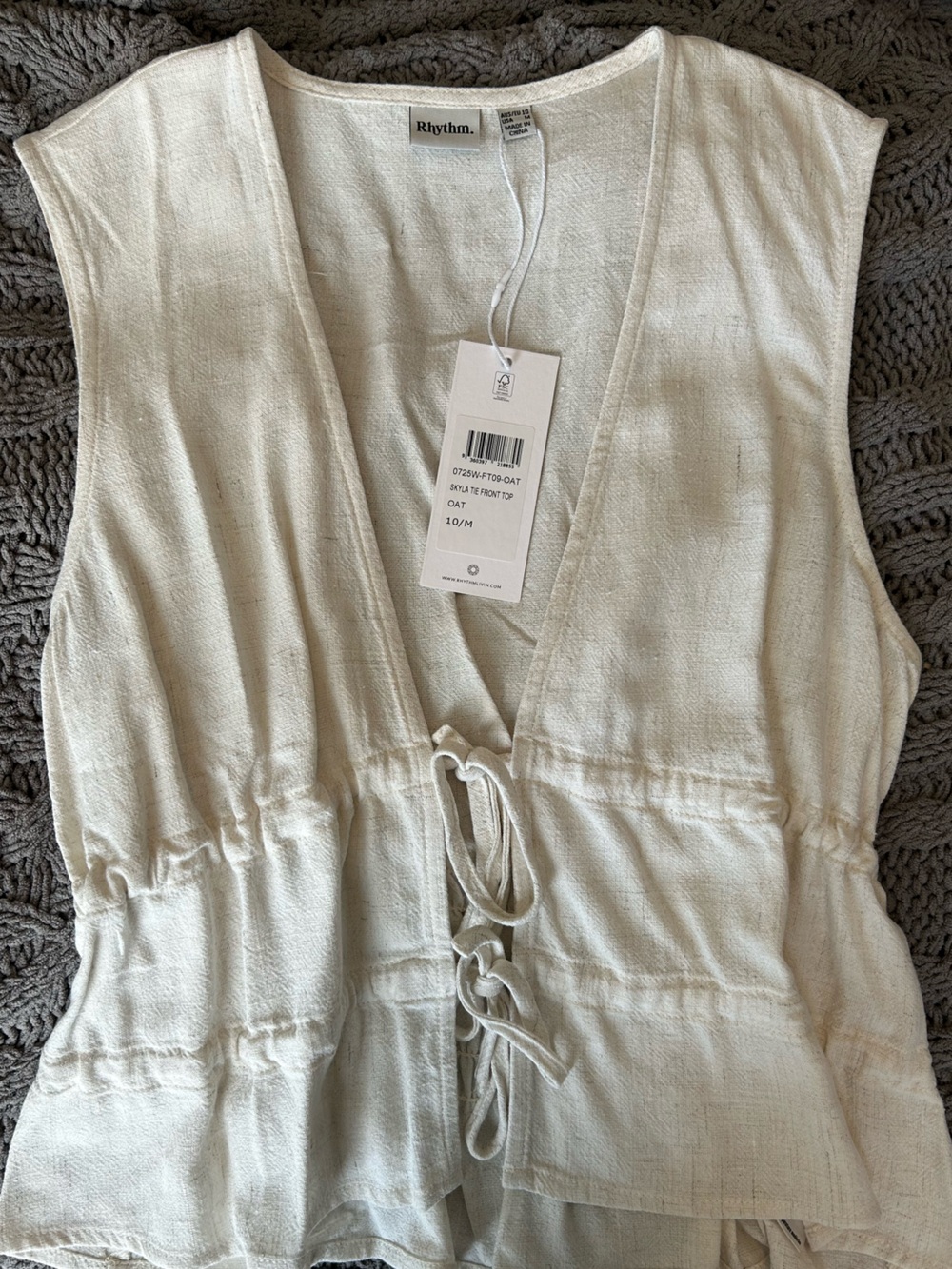 BNWT Rhythm Oat Tie-Front Linen-Blend Top size M - Picture 3 of 6
